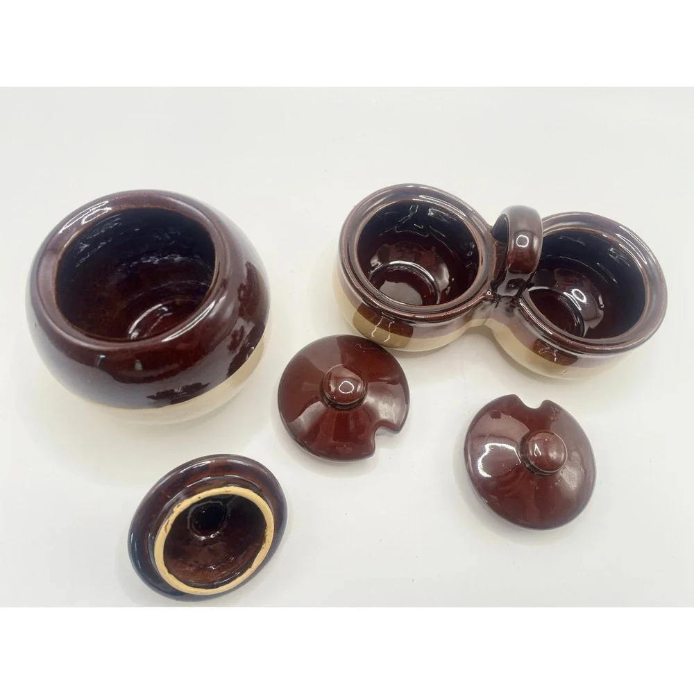 Vintage Two Tone Brown Tan Stoneware Sugar Bowl and Double Jam Jelly Server Set